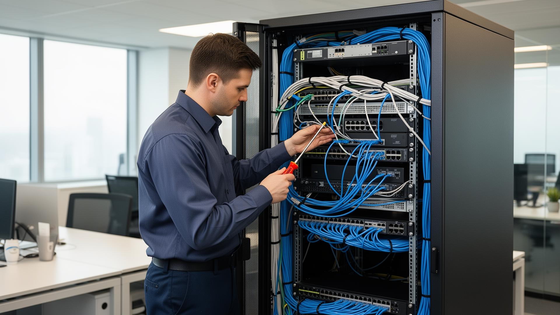 Nätverksutrustning och kablar under professionell installation