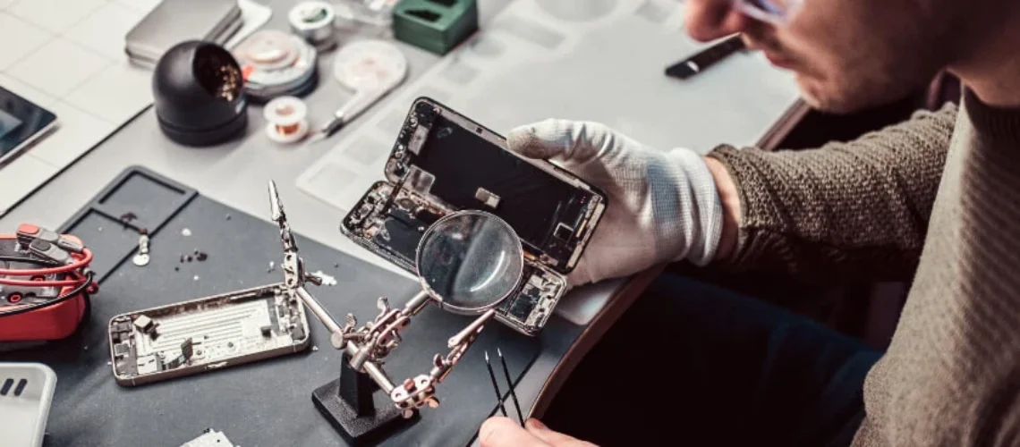 Tekniker reparerar mobiltelefon