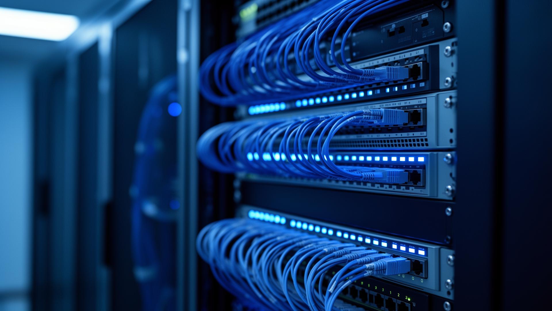 Serverrack med nätverksswitchar och blå ethernet-kablar i ett datacenter